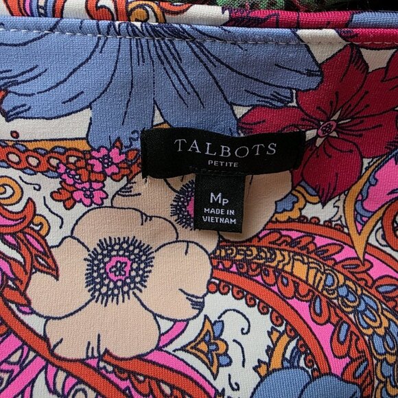 TALBOTS $139 Smooth Stretch Pink Paisley Floral Side Tie Dress Size M Petite - Picture 2 of 6